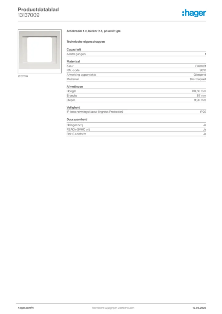 Afbeelding Hager Productdatablad 13137009 | Hager Nederland