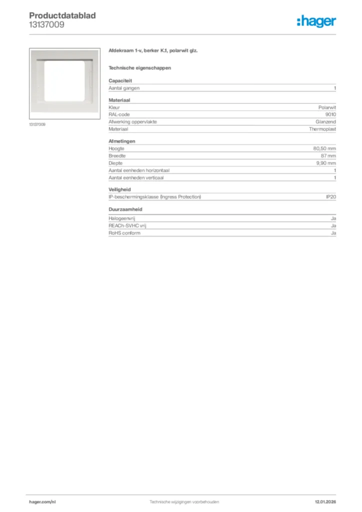 Afbeelding Hager Productdatablad 13137009 | Hager Nederland