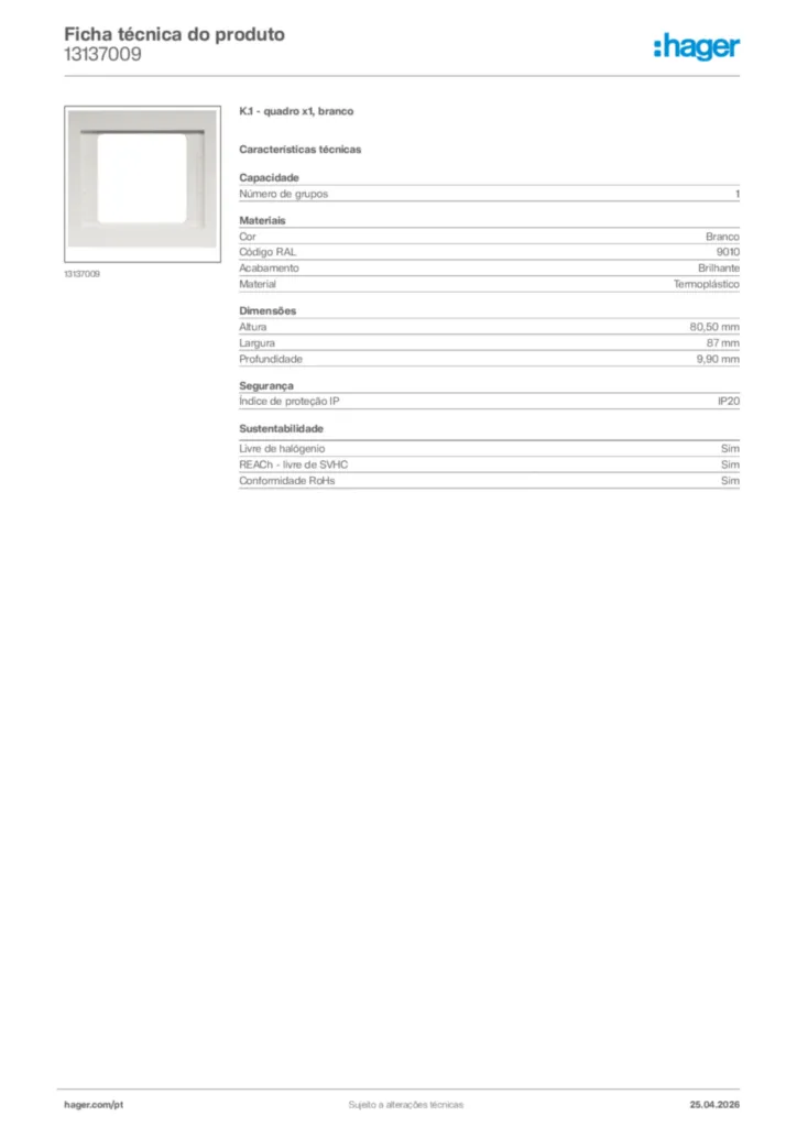 Imagem Hager Ficha técnica do produto 13137009 | Hager Portugal