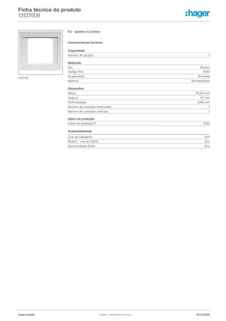 Imagem Hager Ficha técnica do produto 13137009 | Hager Portugal