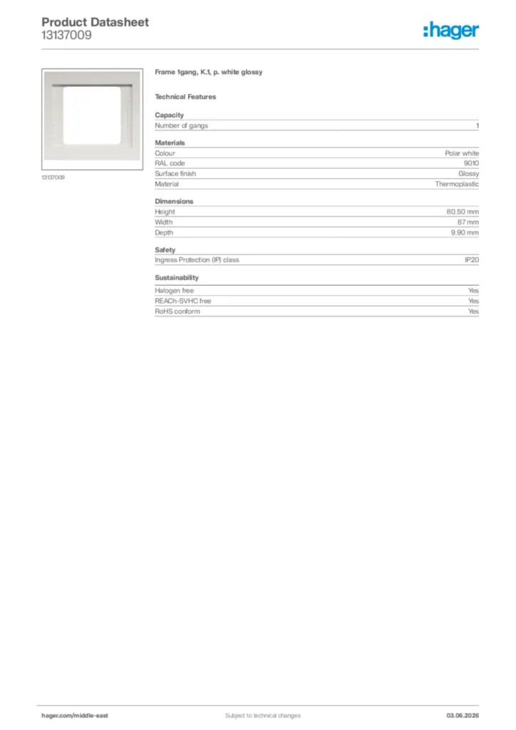 Image Hager Product data sheet 13137009  | Hager