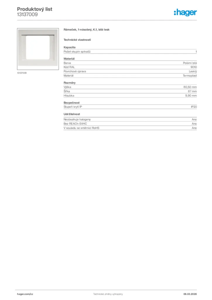 Obrázek Hager Product data sheet 13137009 | Hager