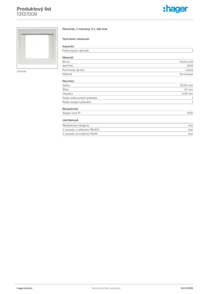 Obrázek Hager Product data sheet 13137009 | Hager