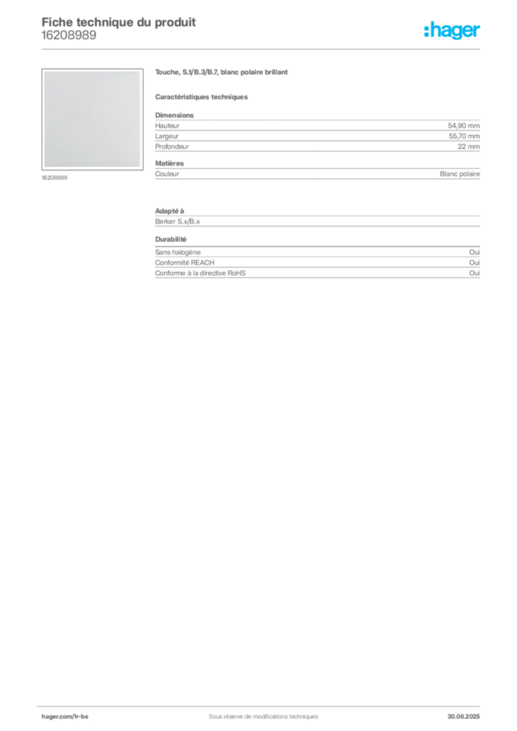 Image Hager Fiche technique du produit 16208989 | Hager Belgique