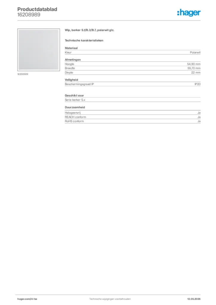 Afbeelding Hager Productdatablad 16208989 | Hager Belgium