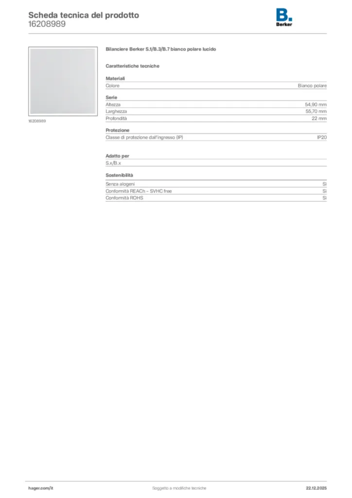 Immagine Berker Scheda tecnica del prodotto 16208989 | Hager Italia