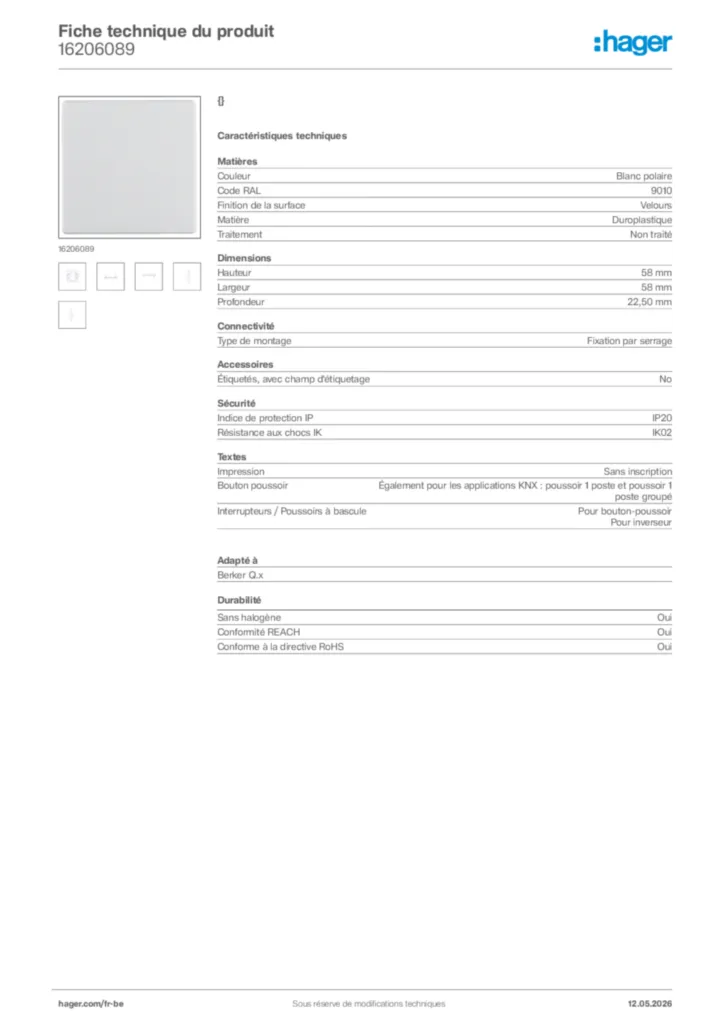 Image Hager Fiche technique du produit 16206089 | Hager Belgique