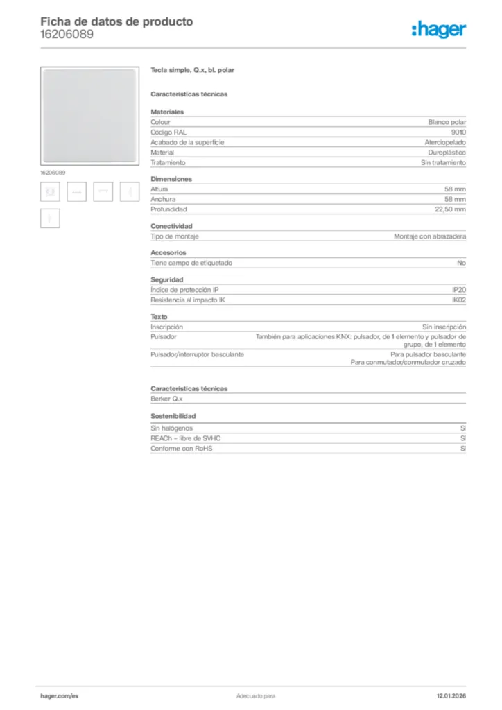 Imagen Hager Ficha de datos de producto 16206089 | Hager España