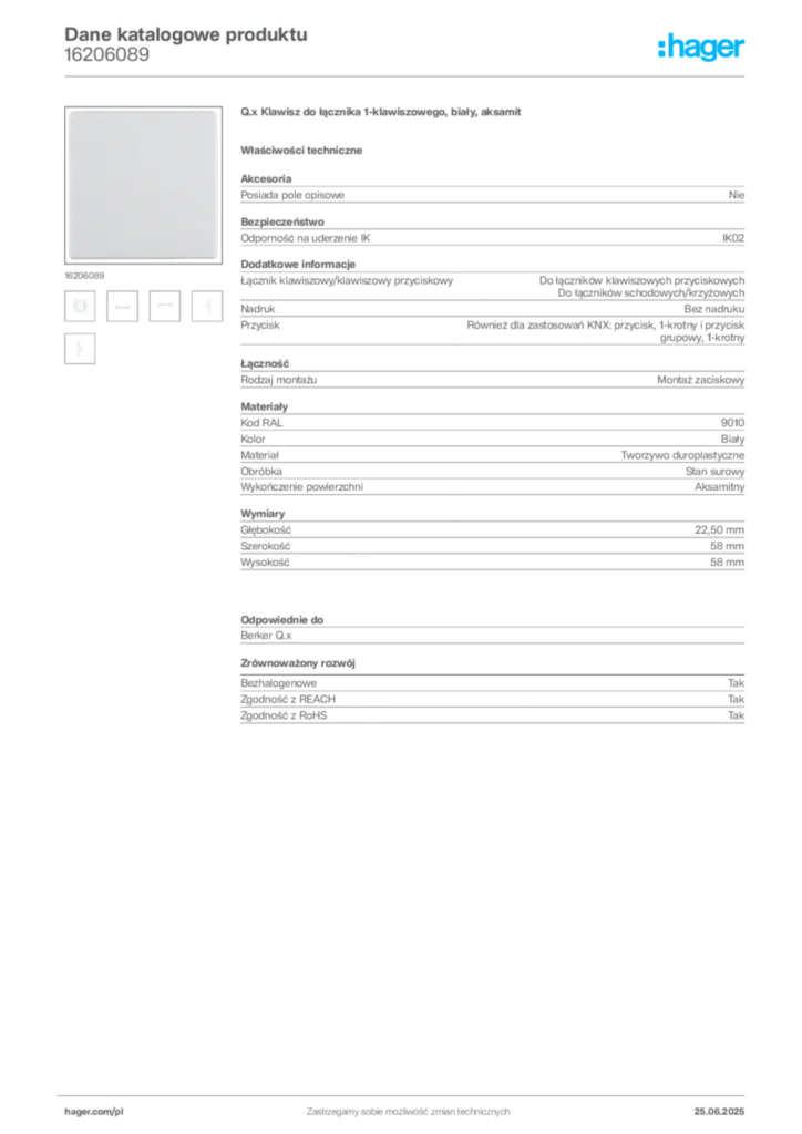 Zdjęcie Hager Dane katalogowe produktu 16206089 | Hager Polska