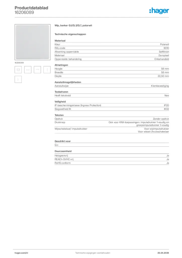 Afbeelding Hager Productdatablad 16206089 | Hager Nederland