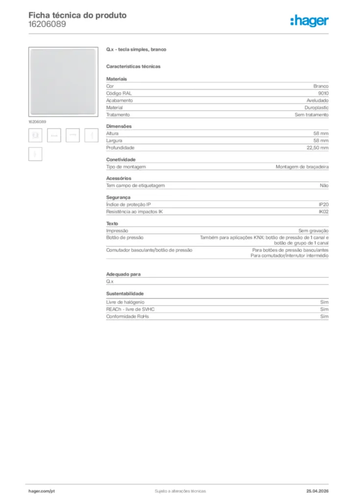 Imagem Hager Ficha técnica do produto 16206089 | Hager Portugal
