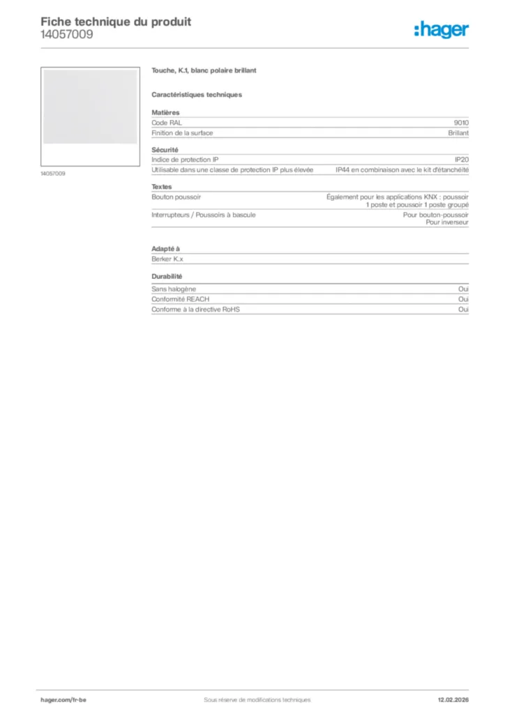 Image Hager Fiche technique du produit 14057009 | Hager Belgique