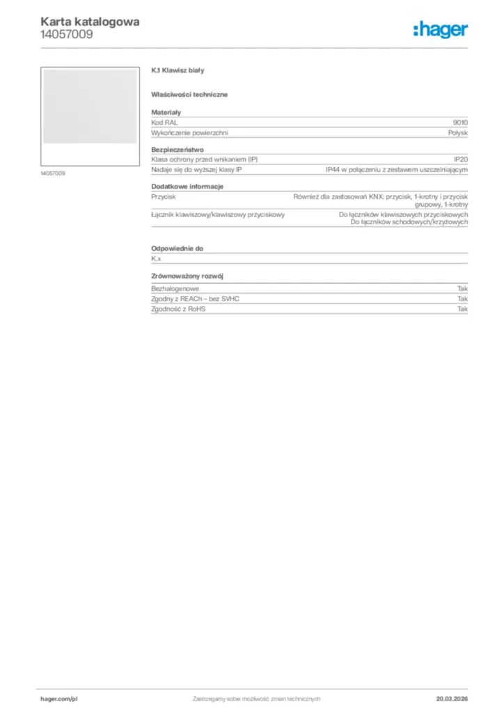 Zdjęcie Hager Karta katalogowa 14057009 | Hager Polska