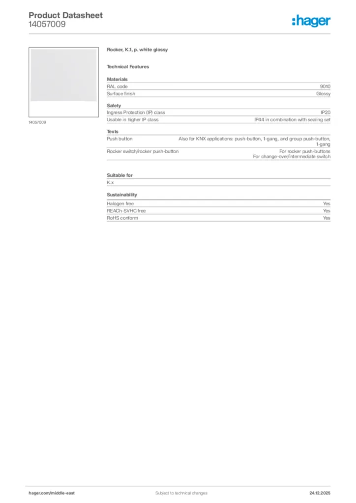 Image Hager Product data sheet 14057009  | Hager