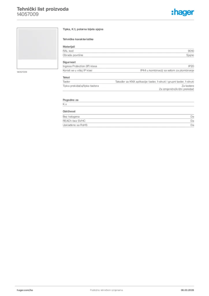 Slika Hager Tehnički list proizvoda 14057009  | Hager