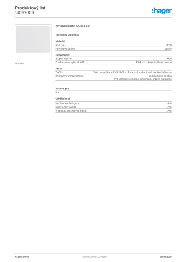 Obrázek Hager Product data sheet 14057009 | Hager