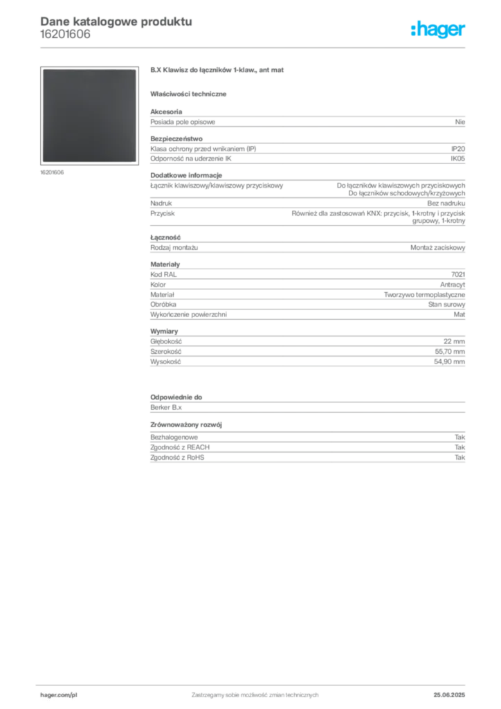 Zdjęcie Hager Dane katalogowe produktu 16201606 | Hager Polska