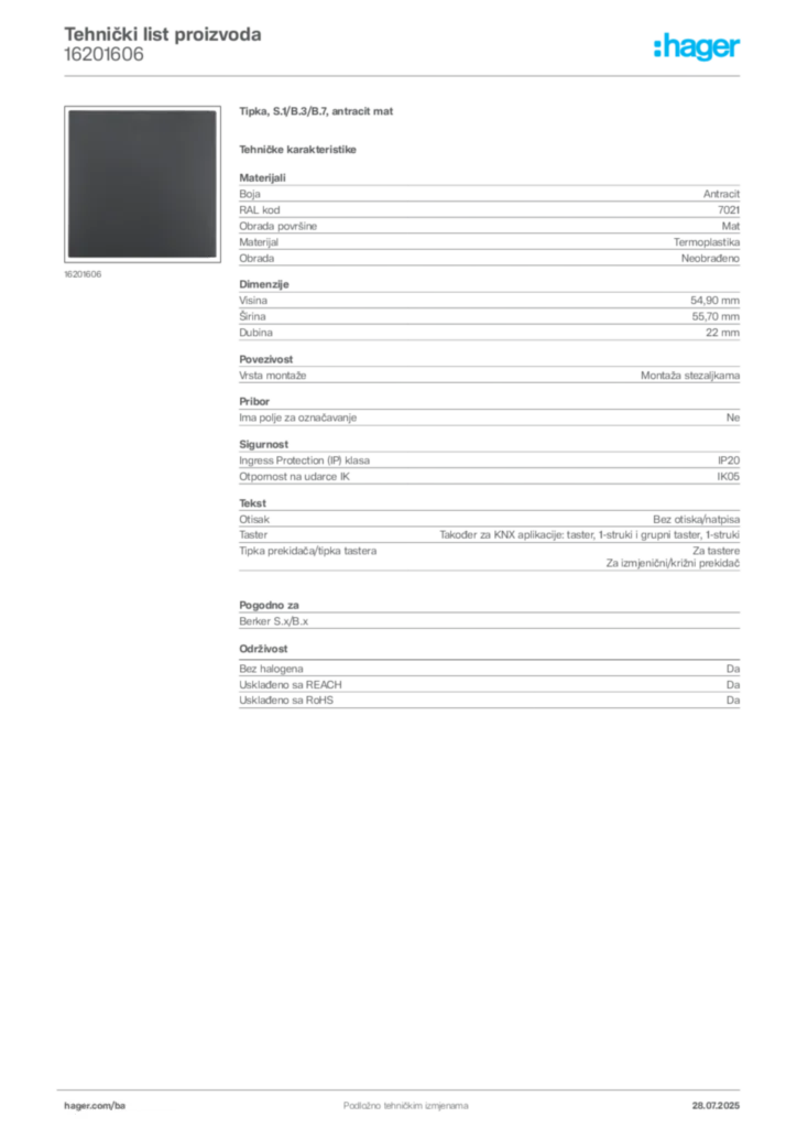 Slika Hager Product data sheet 16201606  | Hager