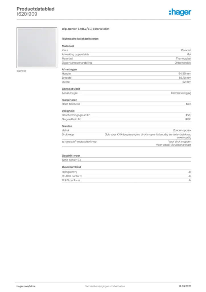 Afbeelding Hager Productdatablad 16201909 | Hager Belgium