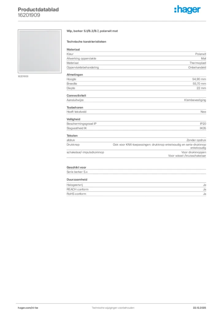 Afbeelding Hager Productdatablad 16201909 | Hager Belgium
