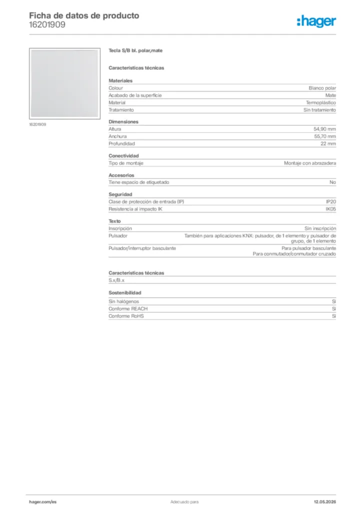 Imagen Hager Ficha de datos de producto 16201909 | Hager España