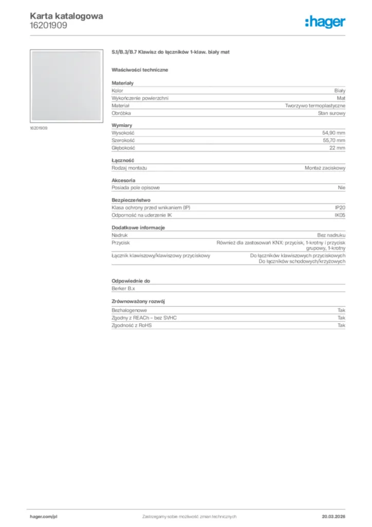 Zdjęcie Hager Karta katalogowa 16201909 | Hager Polska