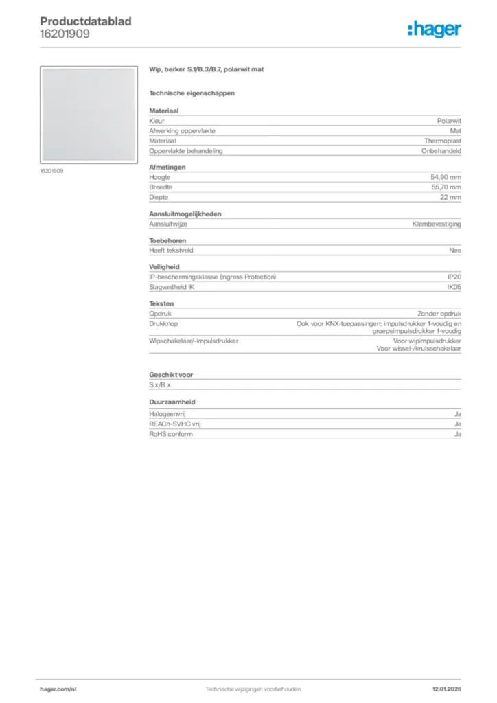 Afbeelding Hager Productdatablad 16201909 | Hager Nederland