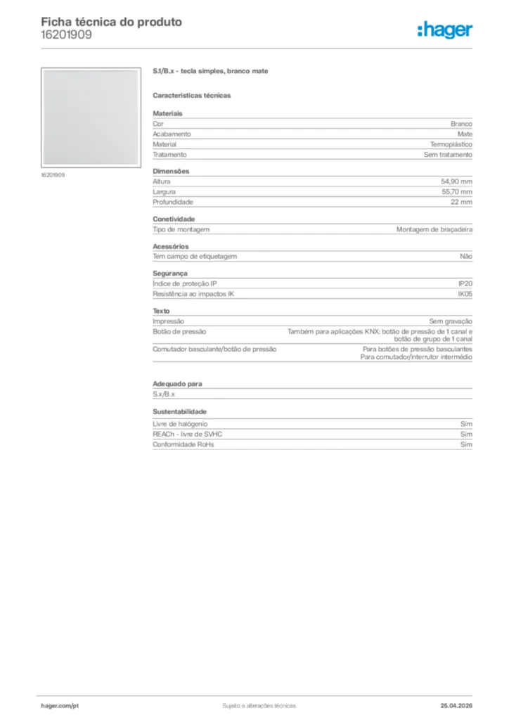 Imagem Hager Ficha técnica do produto 16201909 | Hager Portugal