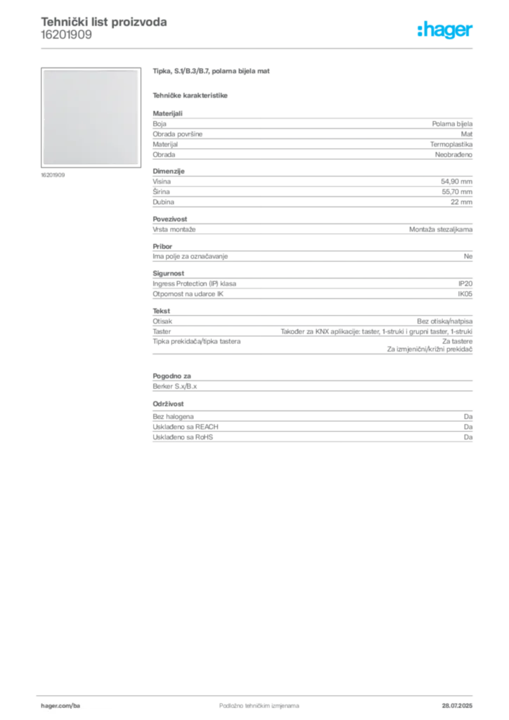 Slika Hager Product data sheet 16201909  | Hager