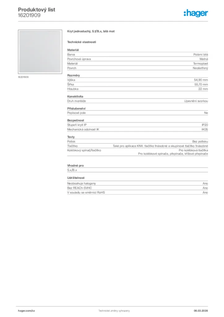 Obrázek Hager Product data sheet 16201909 | Hager