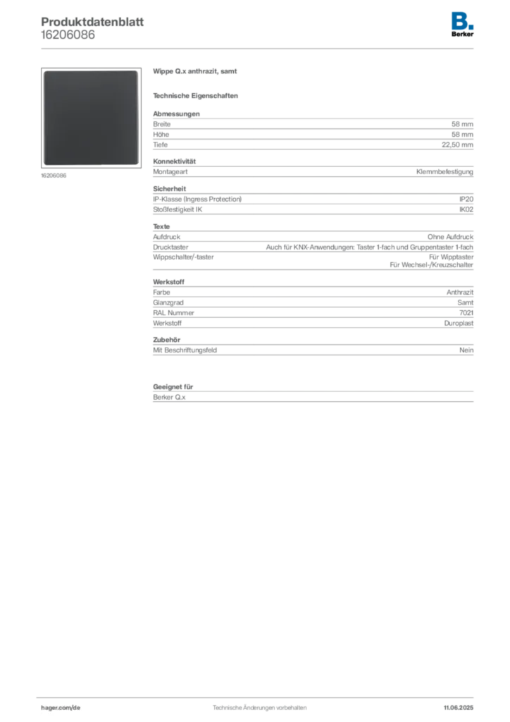 Berker Produktdatenblatt 16206086