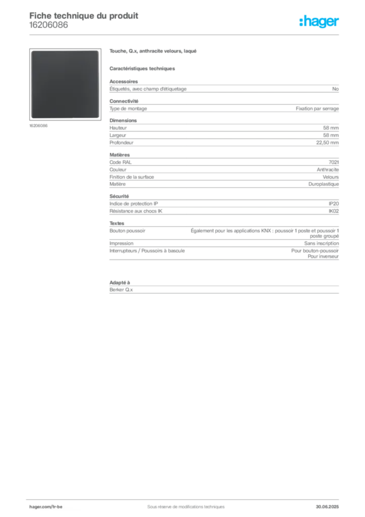 Image Hager Fiche technique du produit 16206086 | Hager Belgique