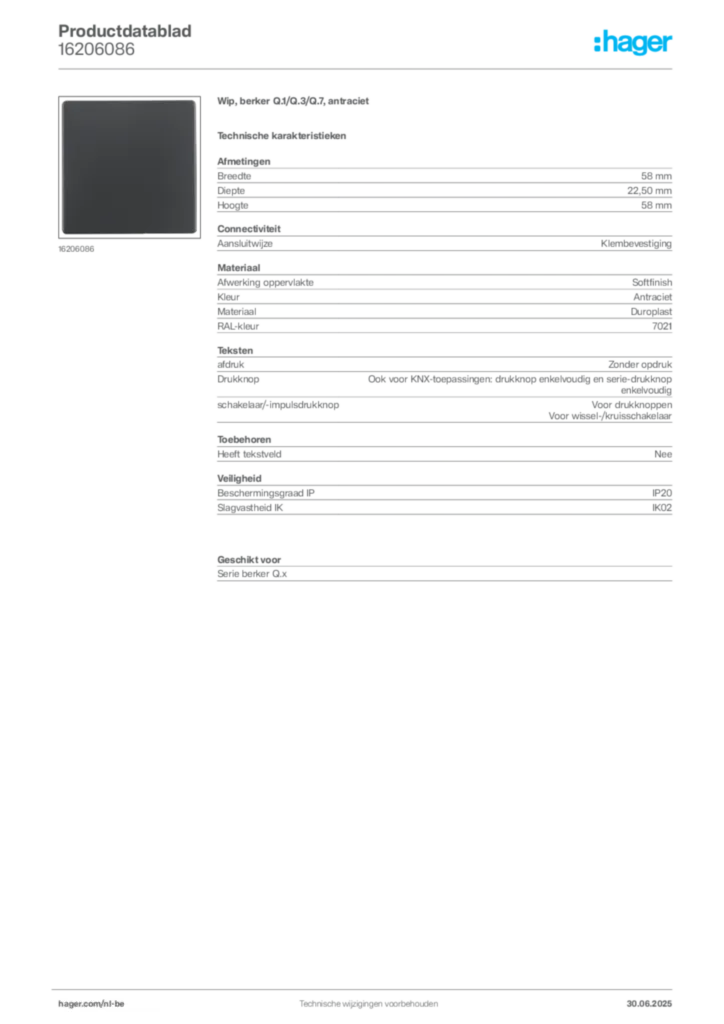 Afbeelding Hager Productdatablad 16206086 | Hager Belgium