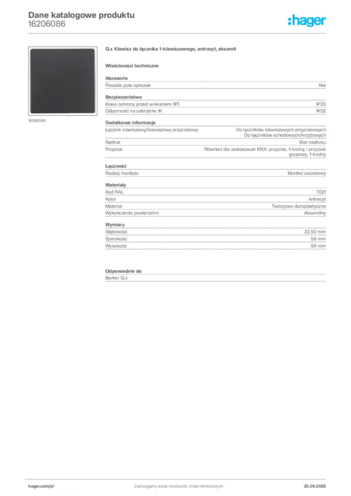 Zdjęcie Hager Dane katalogowe produktu 16206086 | Hager Polska