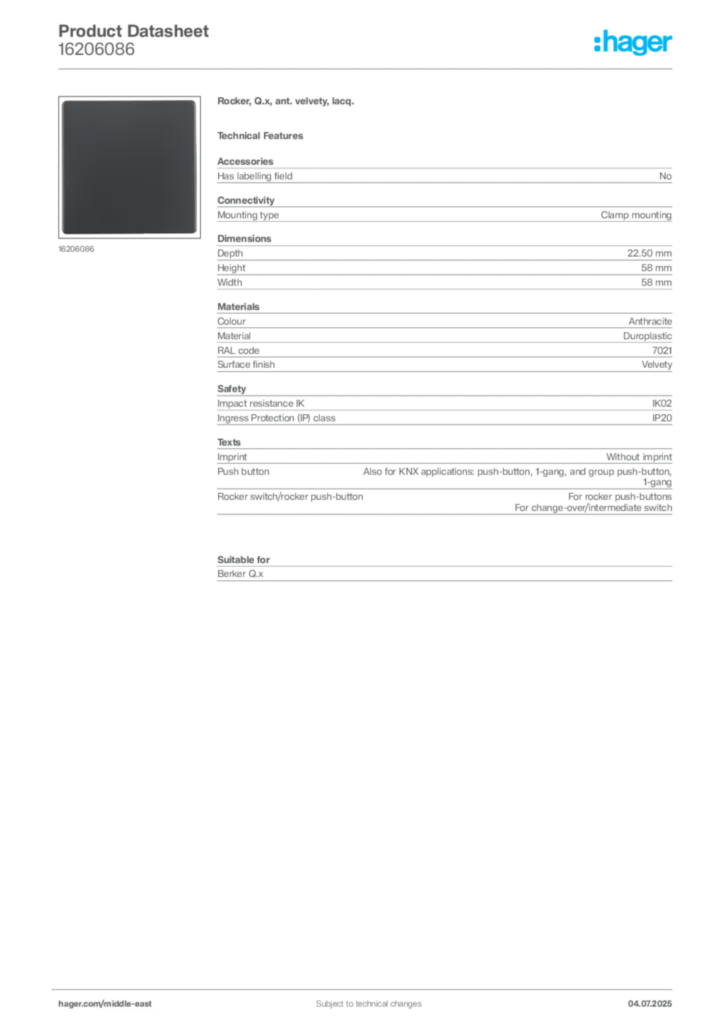 Image Hager Product data sheet 16206086  | Hager