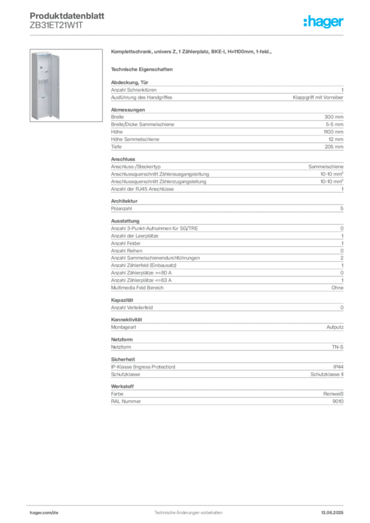 Bild Hager Produktdatenblatt ZB31ET21W1T | Hager Deutschland