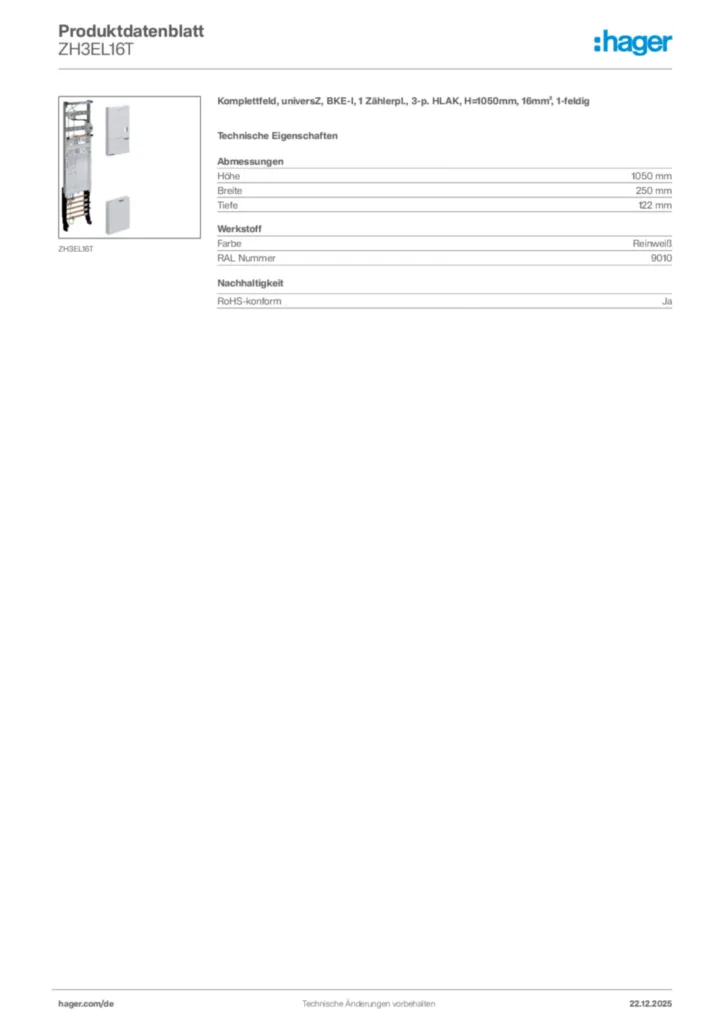 Bild Hager Produktdatenblatt ZH3EL16T | Hager Deutschland