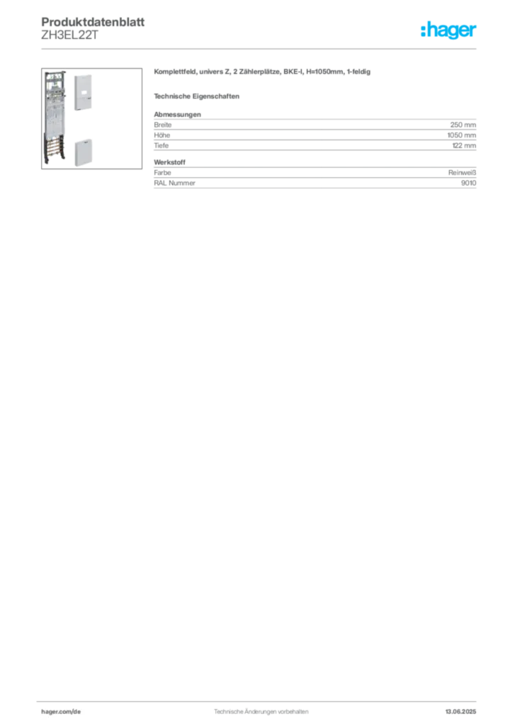 Bild Hager Produktdatenblatt ZH3EL22T | Hager Deutschland