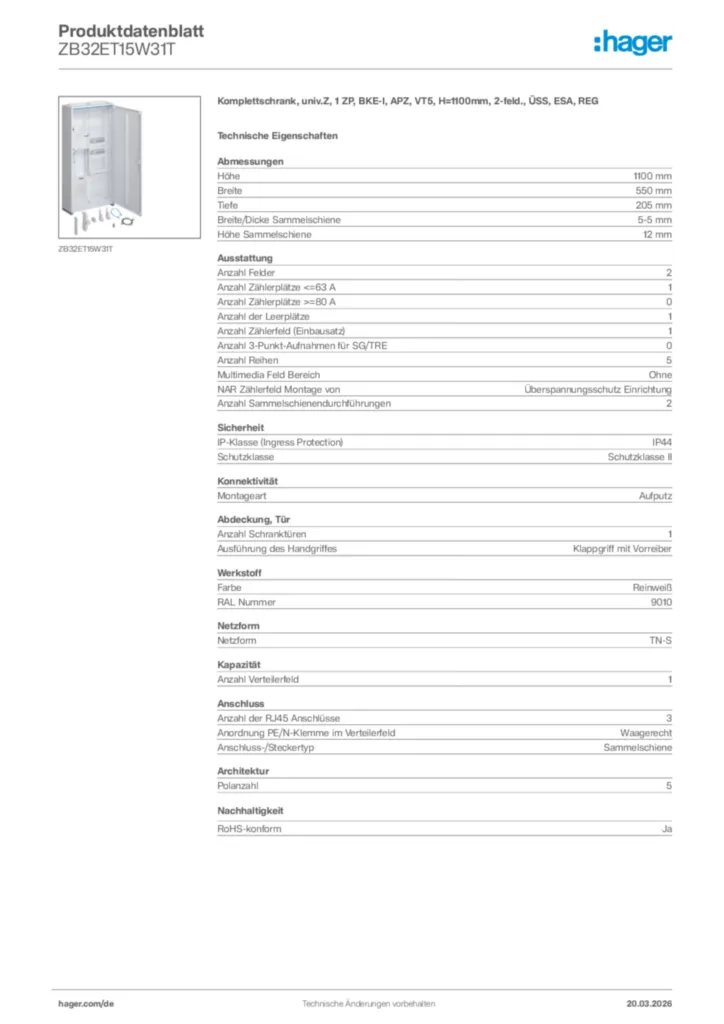 Bild Hager Produktdatenblatt ZB32ET15W31T | Hager Deutschland