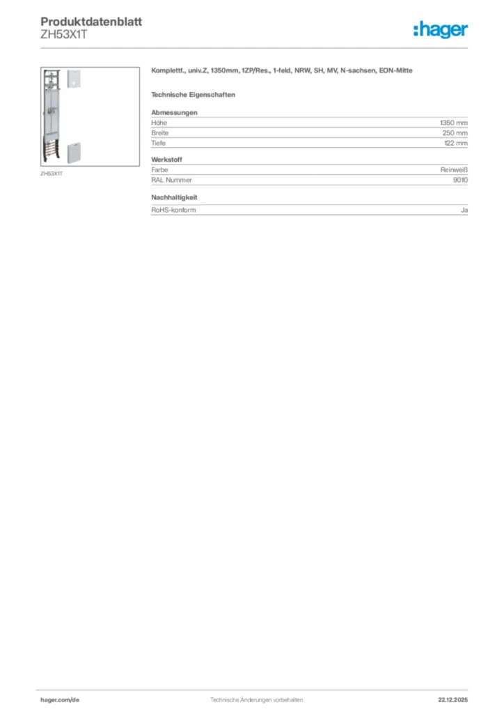 Bild Hager Produktdatenblatt ZH53X1T | Hager Deutschland