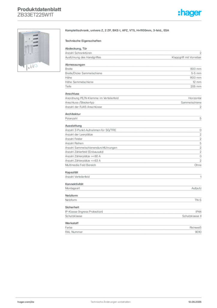 Bild Hager Produktdatenblatt ZB33ET225W1T | Hager Deutschland