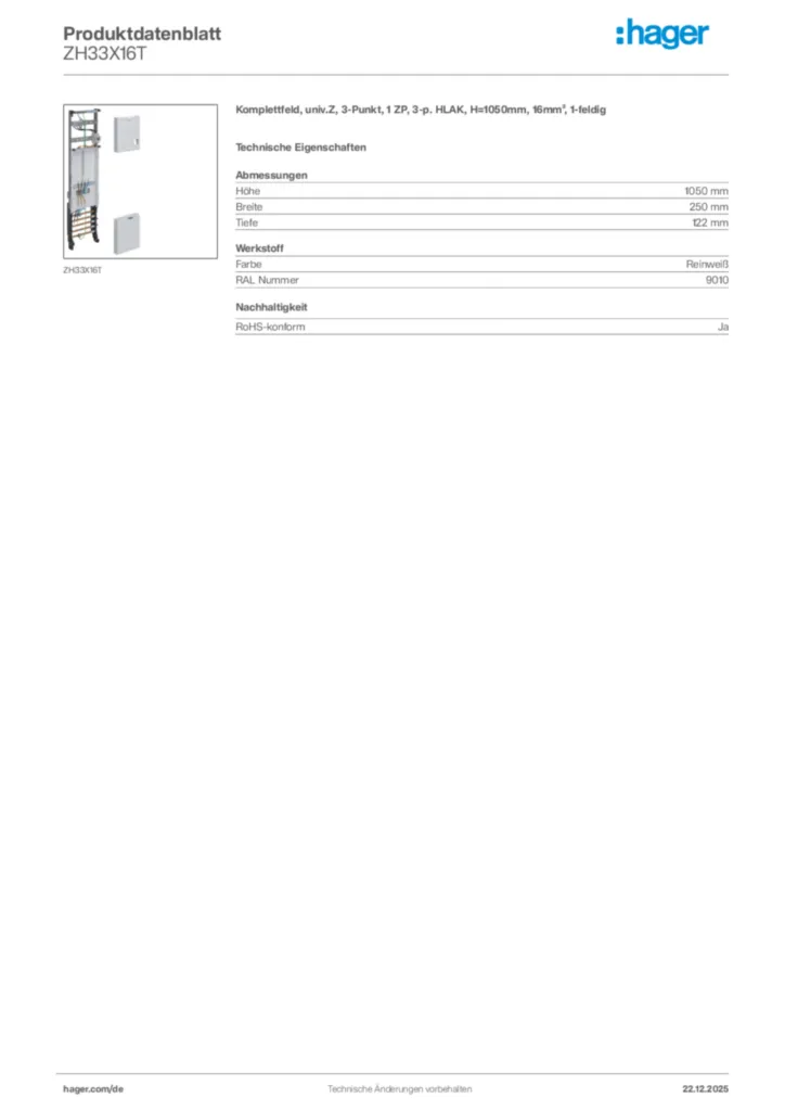 Bild Hager Produktdatenblatt ZH33X16T | Hager Deutschland