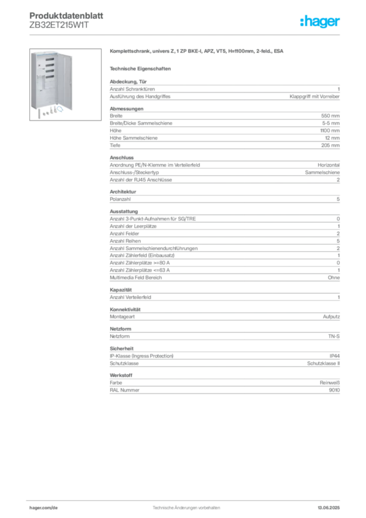 Bild Hager Produktdatenblatt ZB32ET215W1T | Hager Deutschland