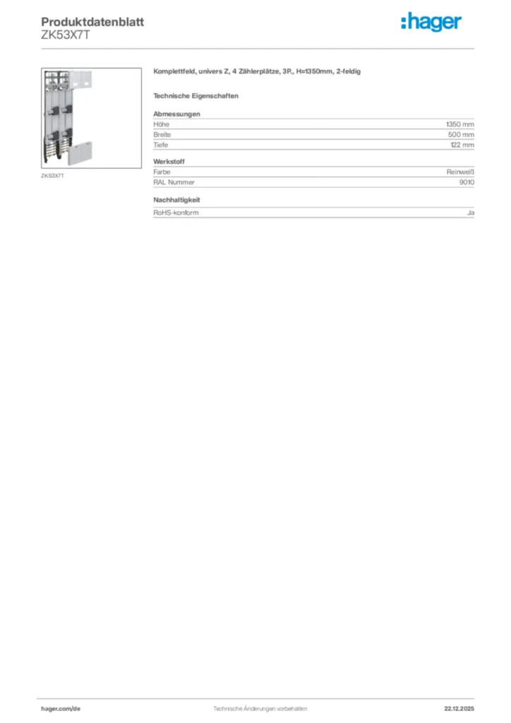 Bild Hager Produktdatenblatt ZK53X7T | Hager Deutschland