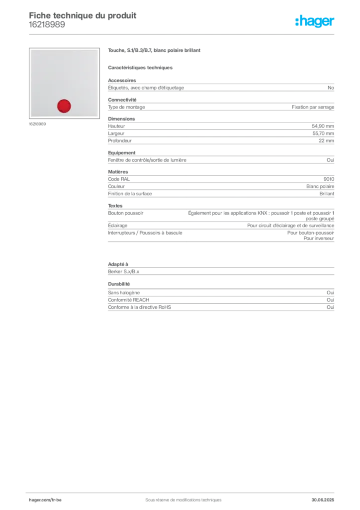 Image Hager Fiche technique du produit 16218989 | Hager Belgique