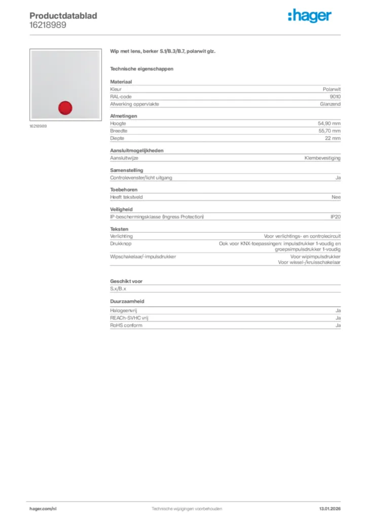 Afbeelding Hager Productdatablad 16218989 | Hager Nederland