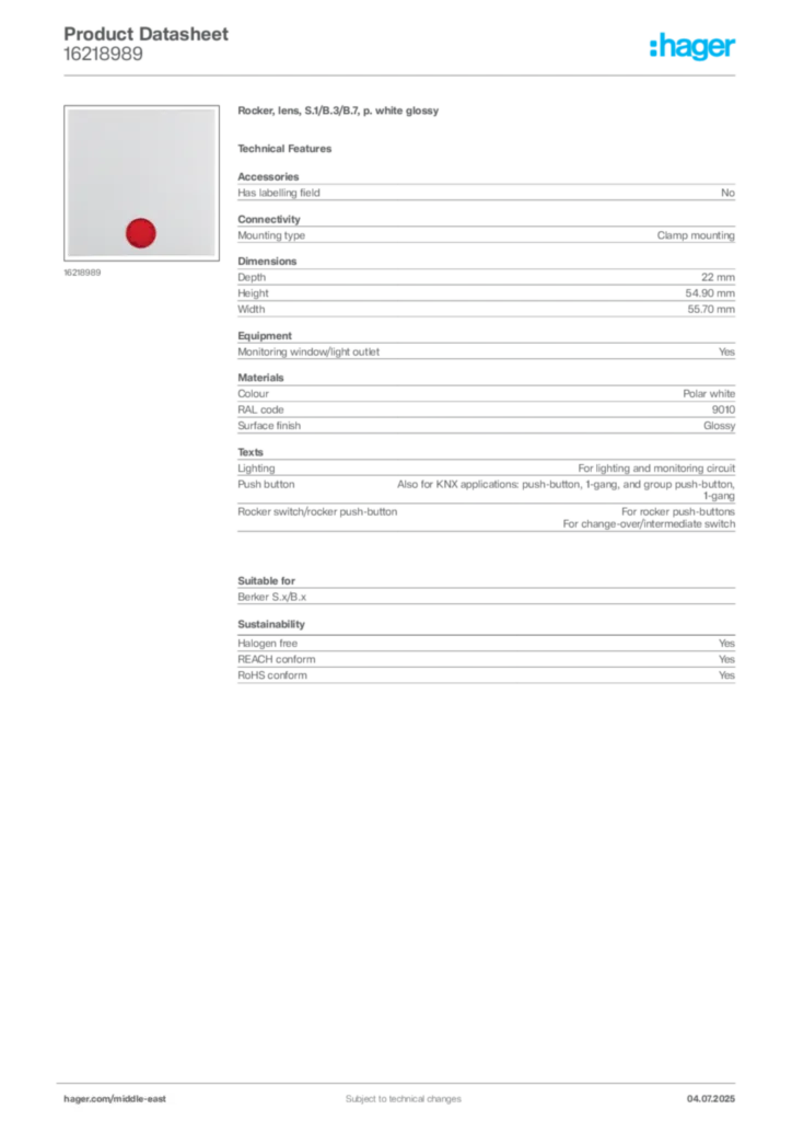 Image Hager Product data sheet 16218989  | Hager