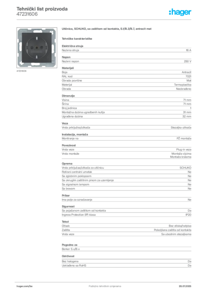 Slika Hager Product data sheet 47231606  | Hager