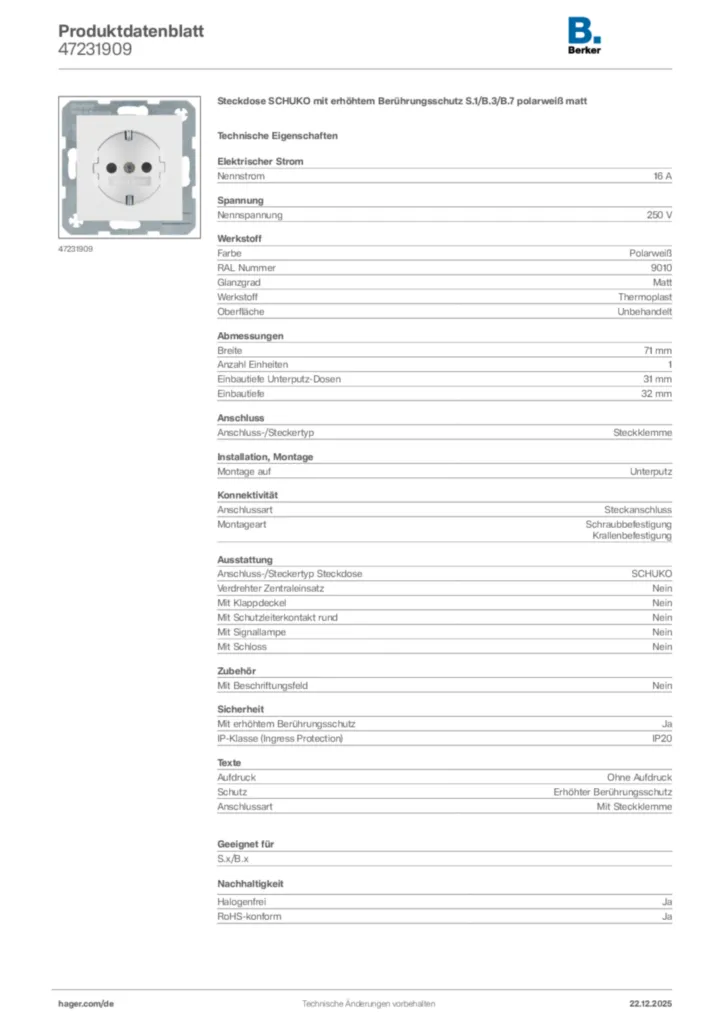 Bild Berker Produktdatenblatt 47231909 | Hager Deutschland