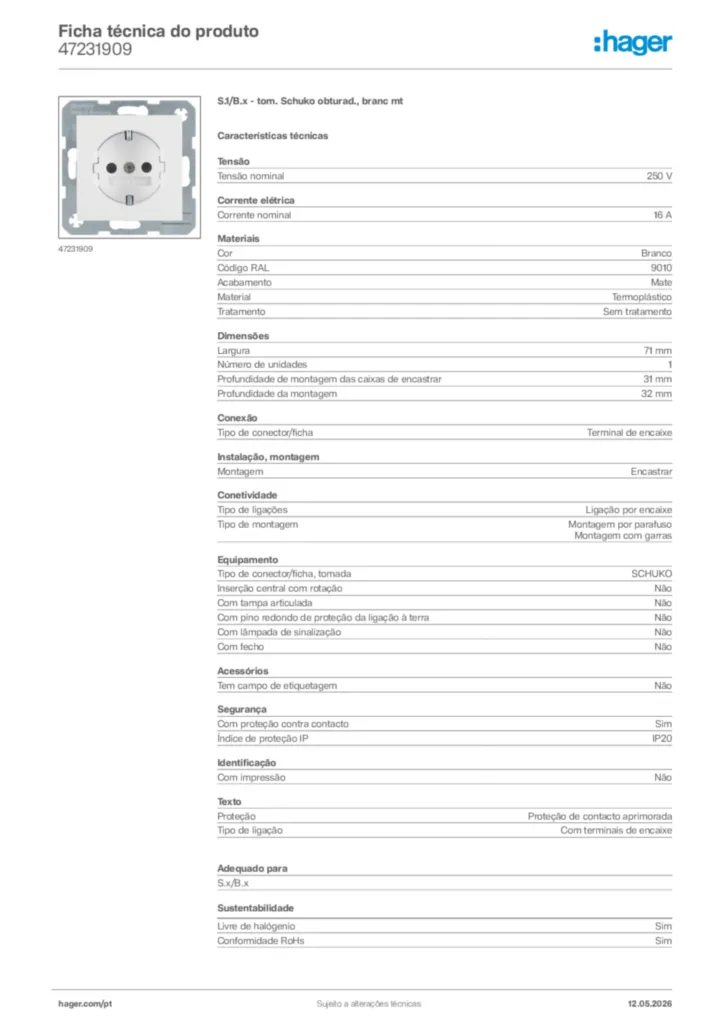 Imagem Hager Ficha técnica do produto 47231909 | Hager Portugal